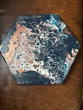 Hand Crafted Fluid Acrylic Pour Painting in Navy, Copper & White
